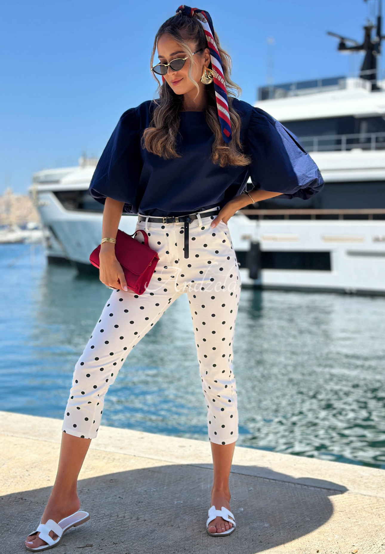 Sweet Summer Navy Blue Cotton Blouse with Puff Sleeves