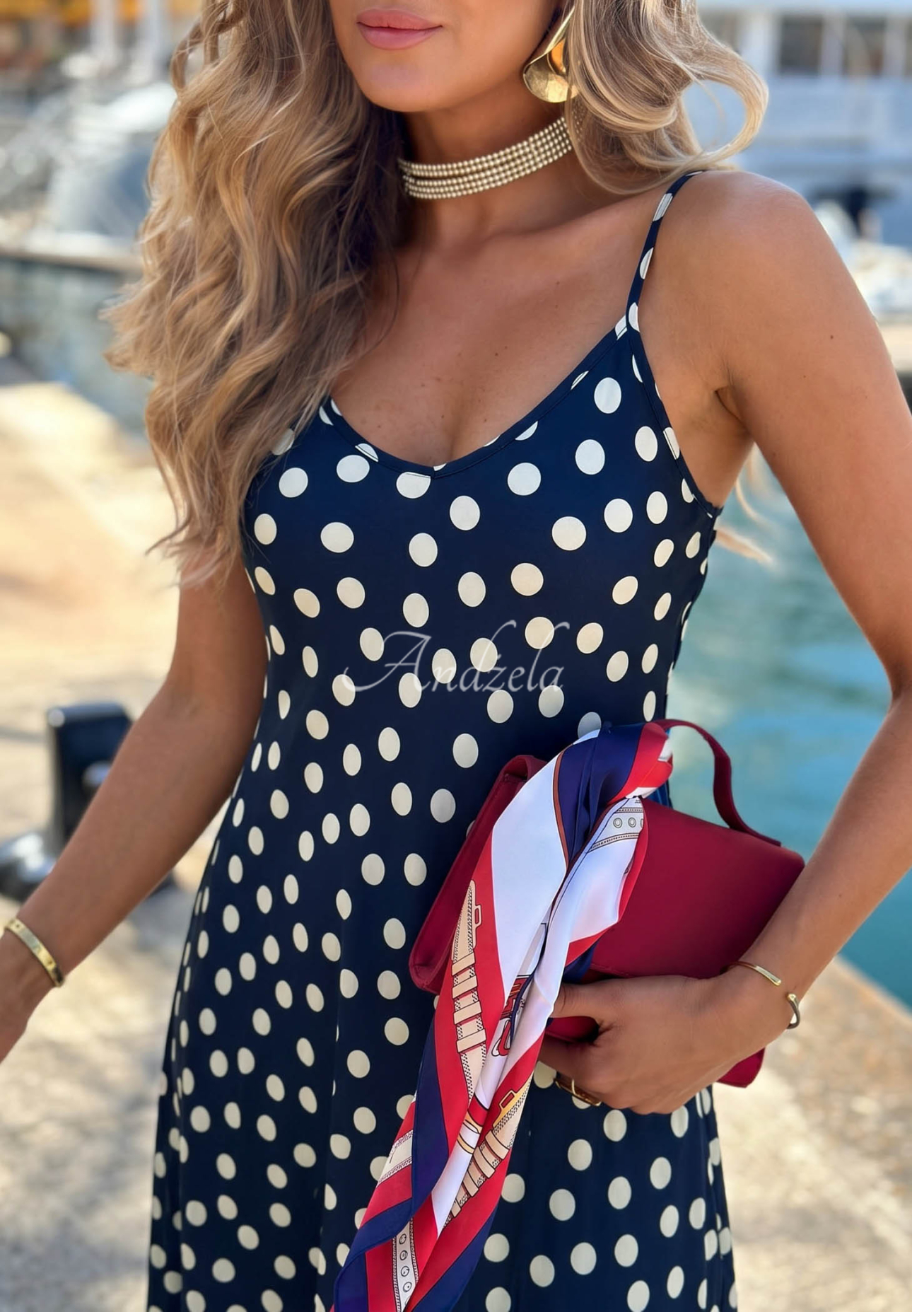 Punta Cana Navy Blue Satin Polka Dot Midi Dress with Spaghetti Straps