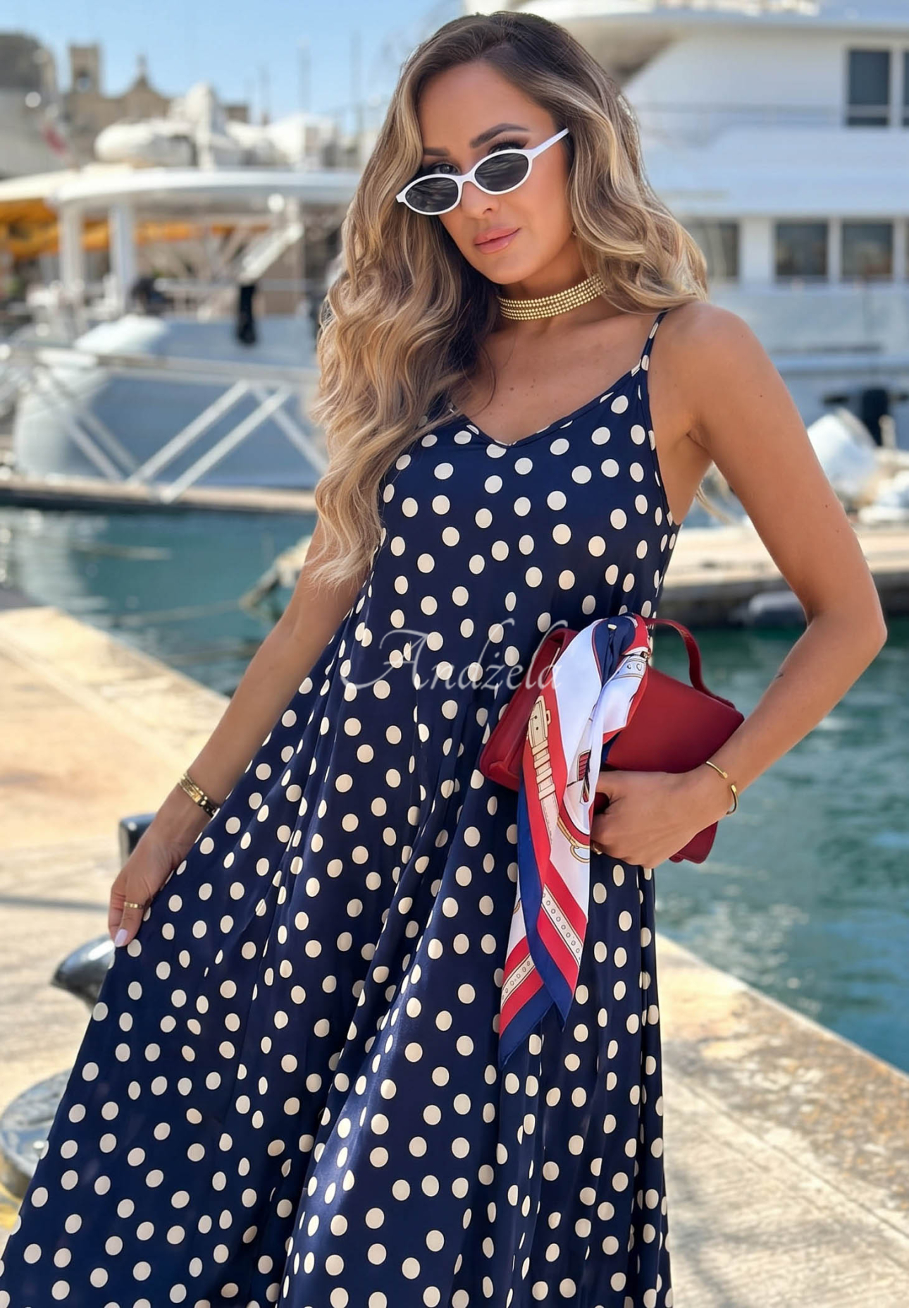 Punta Cana Navy Blue Satin Polka Dot Midi Dress with Spaghetti Straps