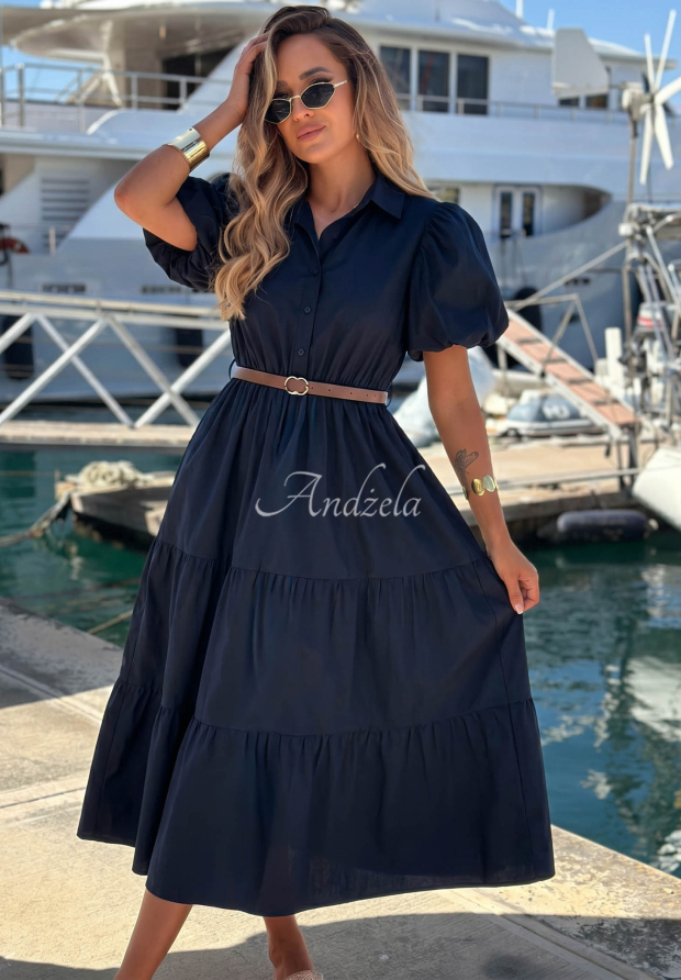 Summer Light Navy Blue Cotton Shirt Dress with Puff Sleeves
