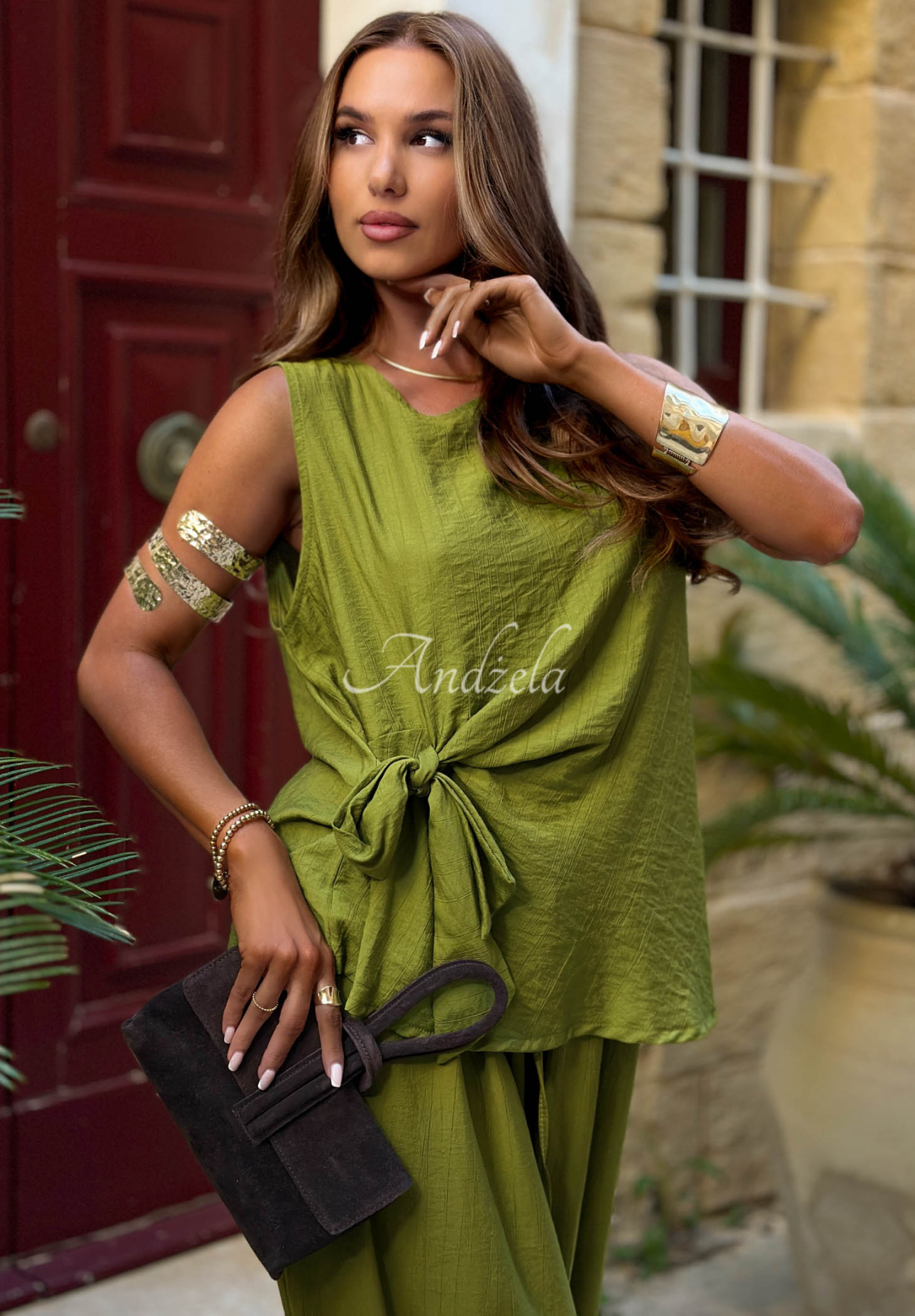 Sun Elegance olive-green viscose set: blouse with tie detail and jogger pants