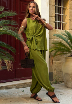 Sun Elegance olive-green viscose set: blouse with tie detail and jogger pants