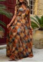 Wzorzysta sukienka maxi Fine Sun camelowo-turkusowa