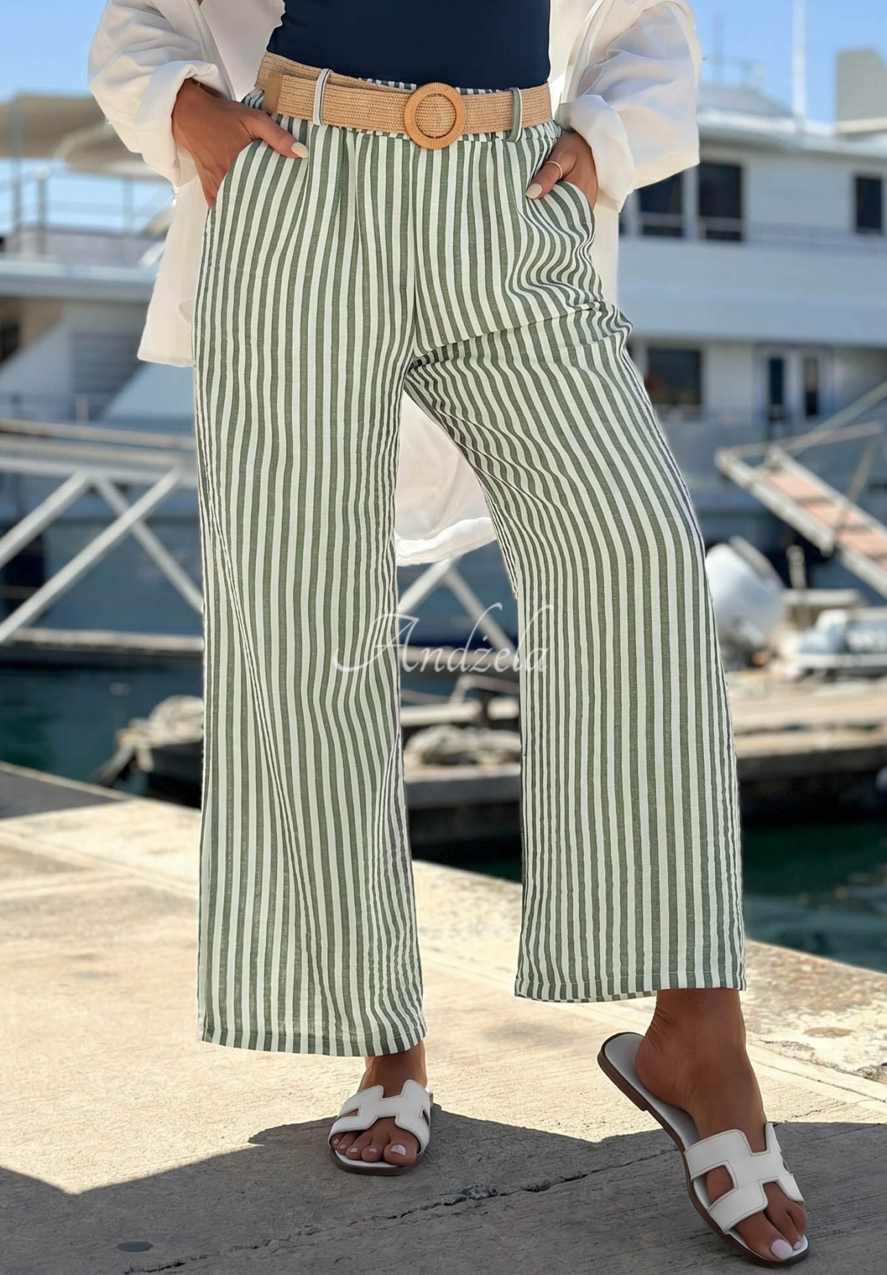 El Marino white and olive striped wide-leg viscose pants