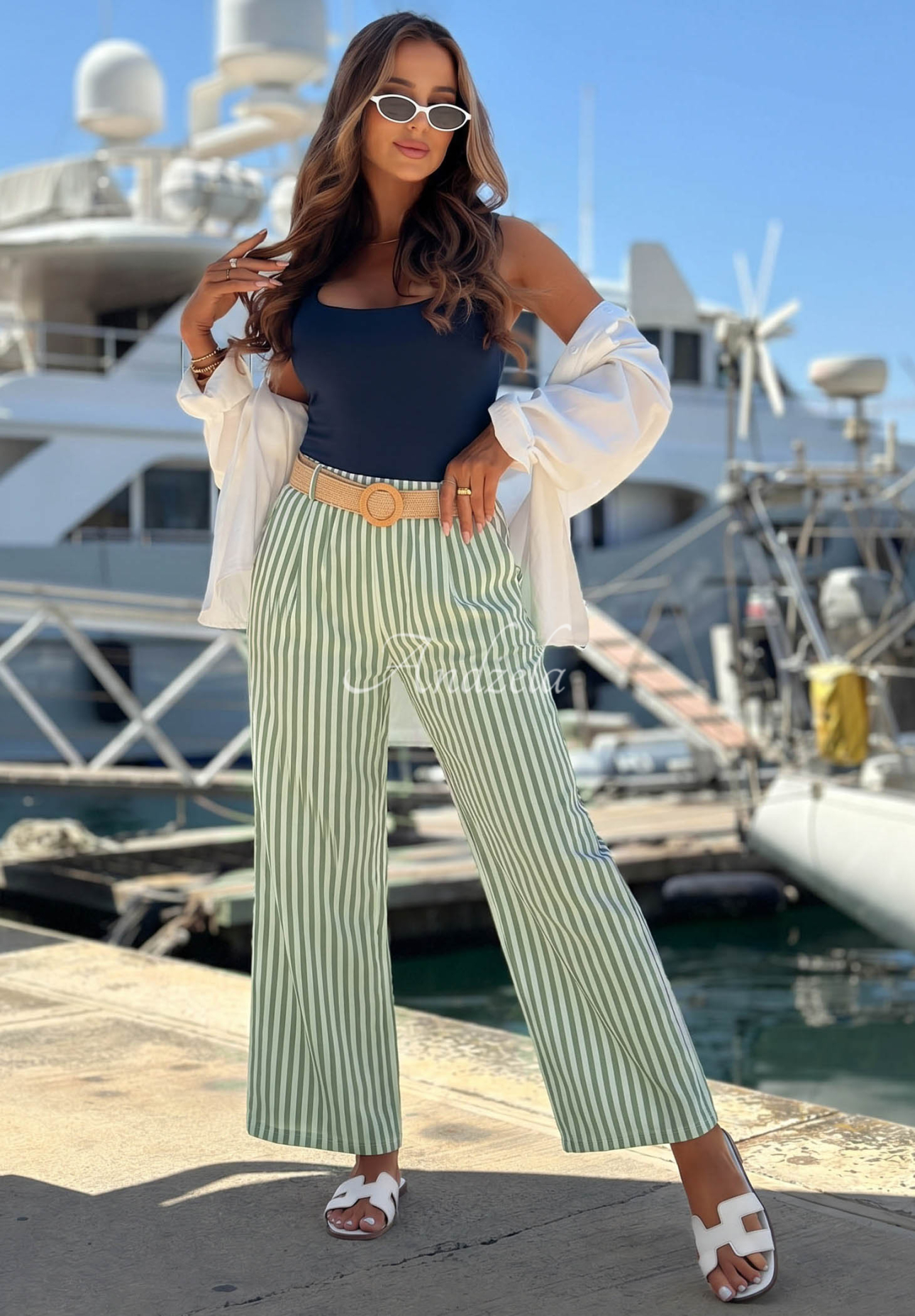 El Marino white and olive striped wide-leg viscose pants