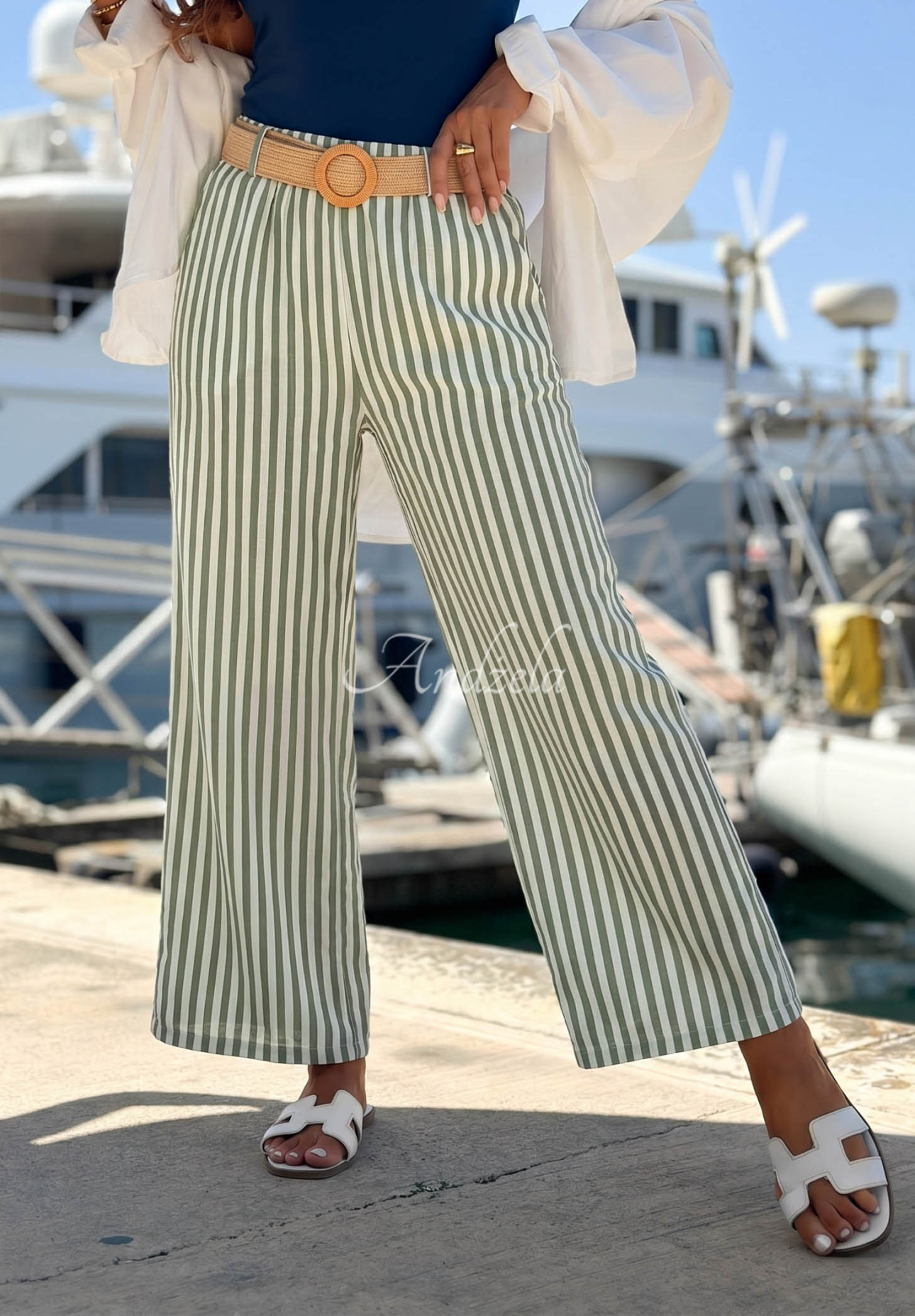 El Marino white and olive striped wide-leg viscose pants