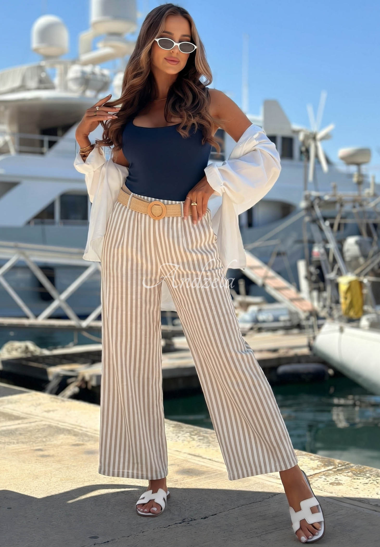 El Marino white and beige striped wide-leg viscose pants