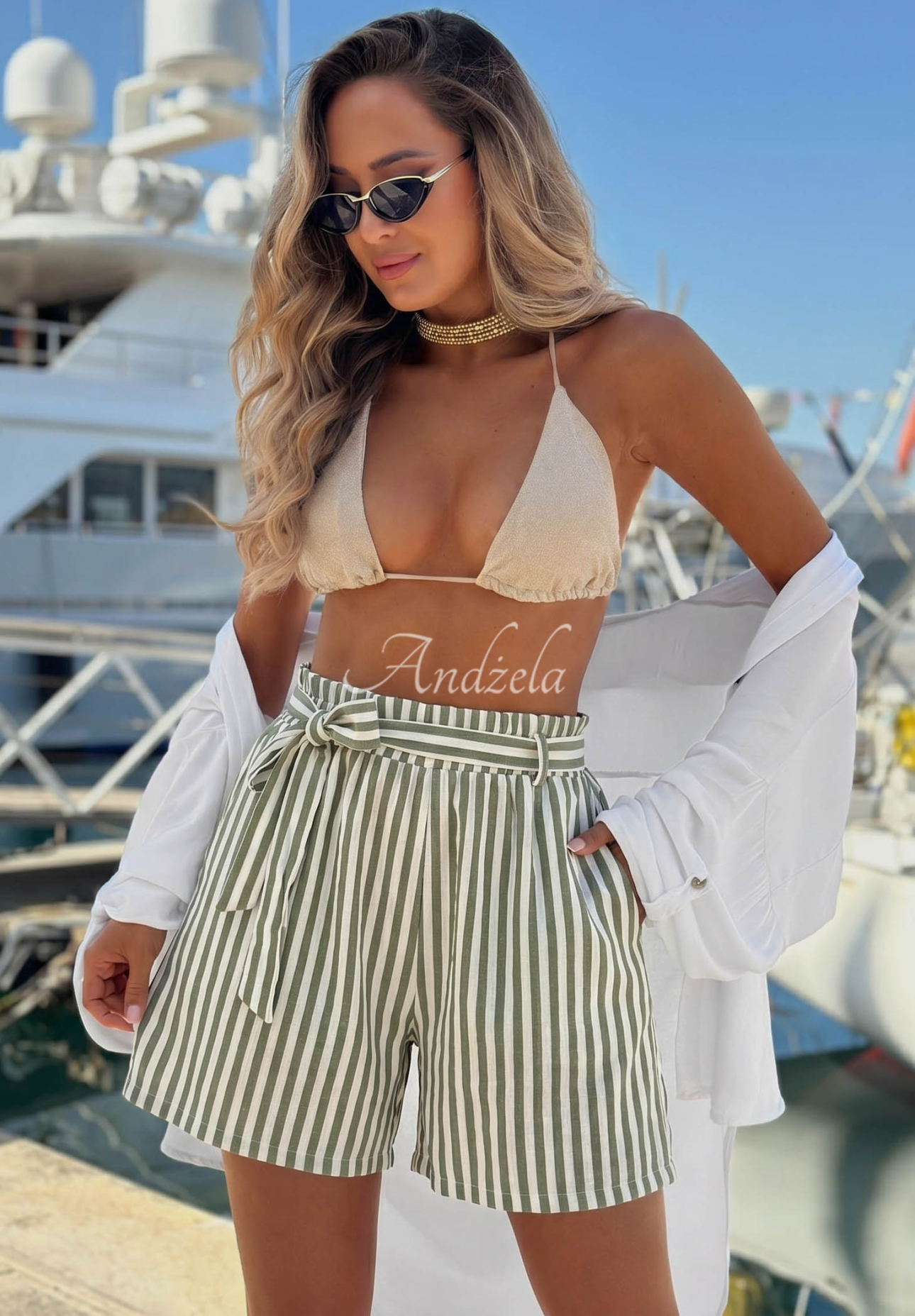 El Marino white and olive-green striped viscose shorts