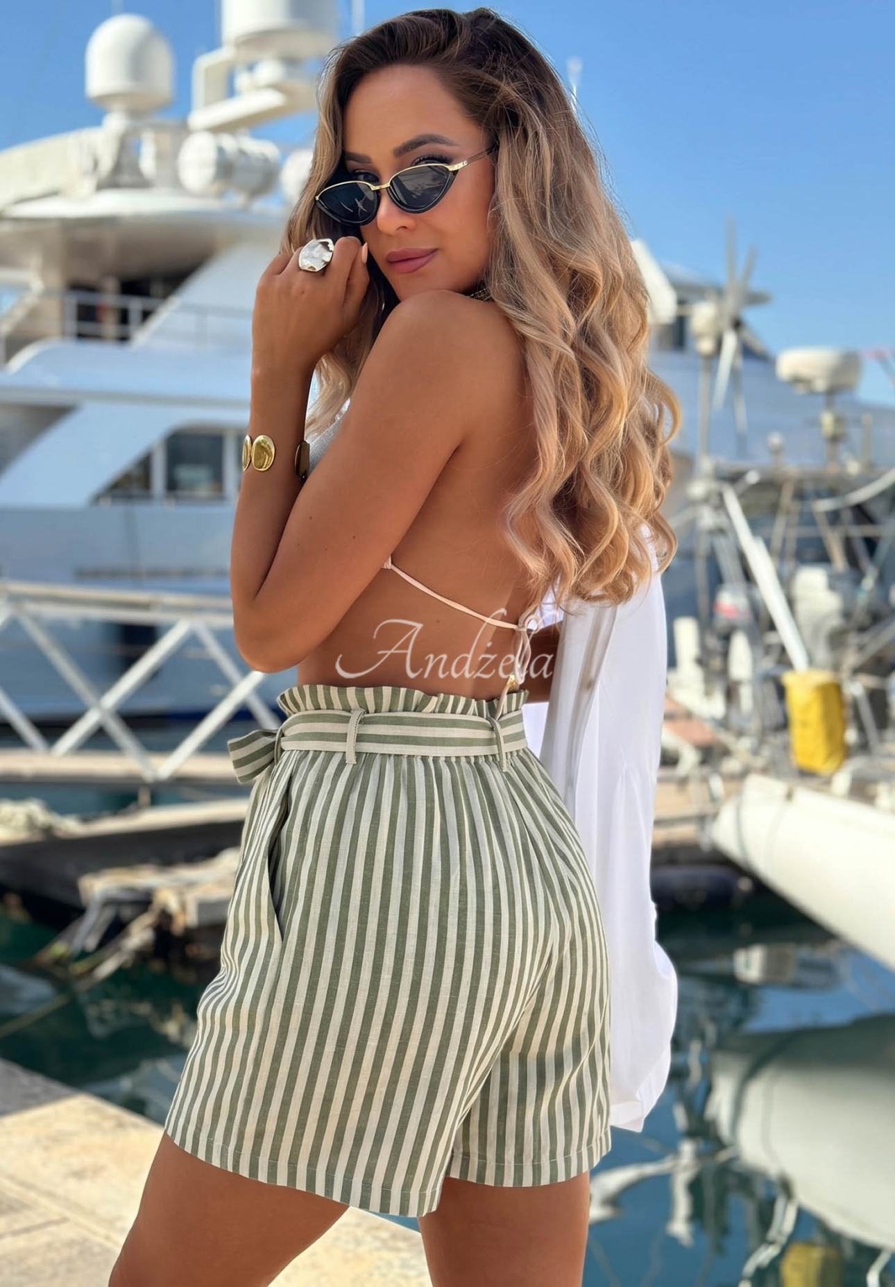 El Marino white and olive-green striped viscose shorts