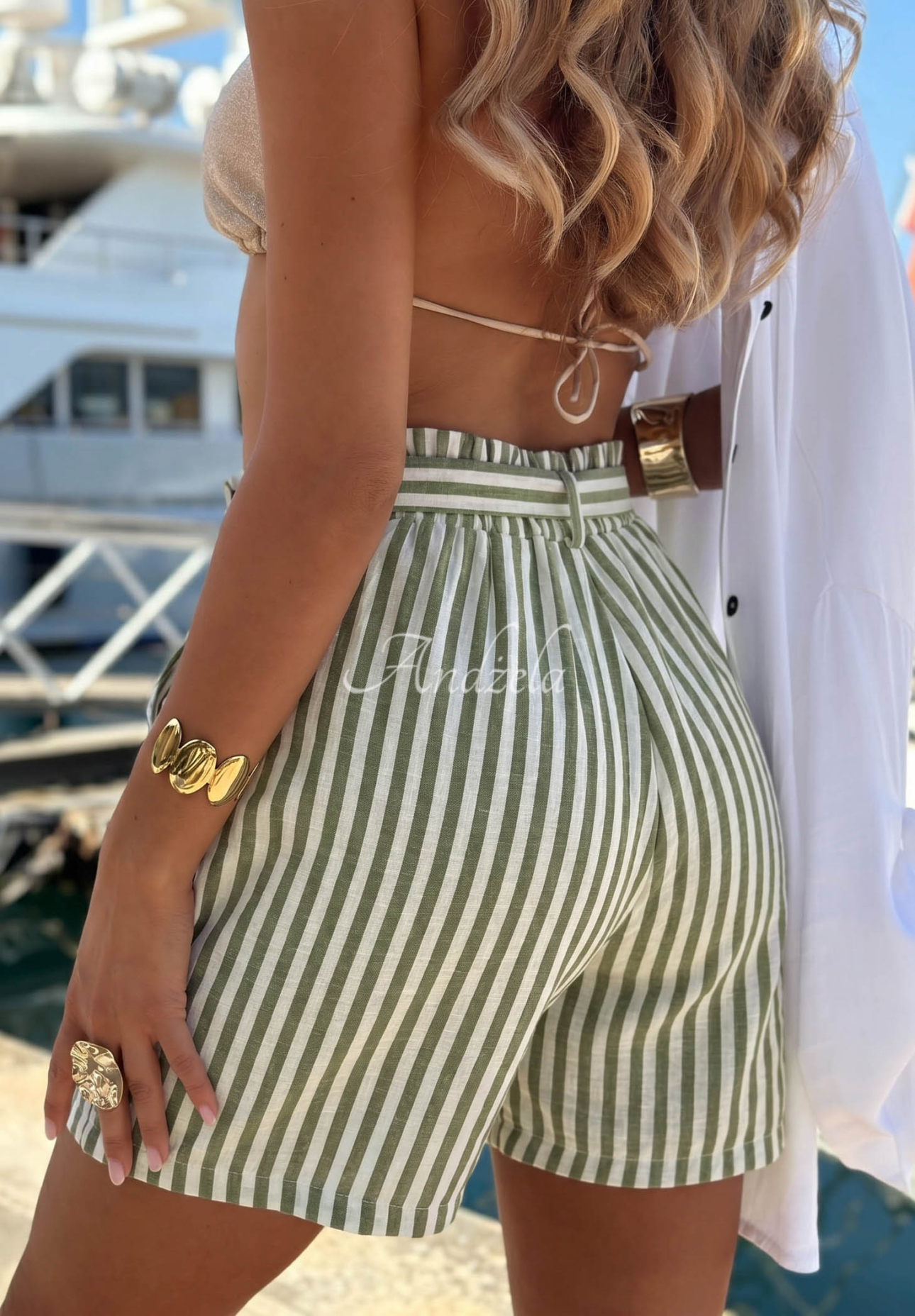 El Marino white and olive-green striped viscose shorts