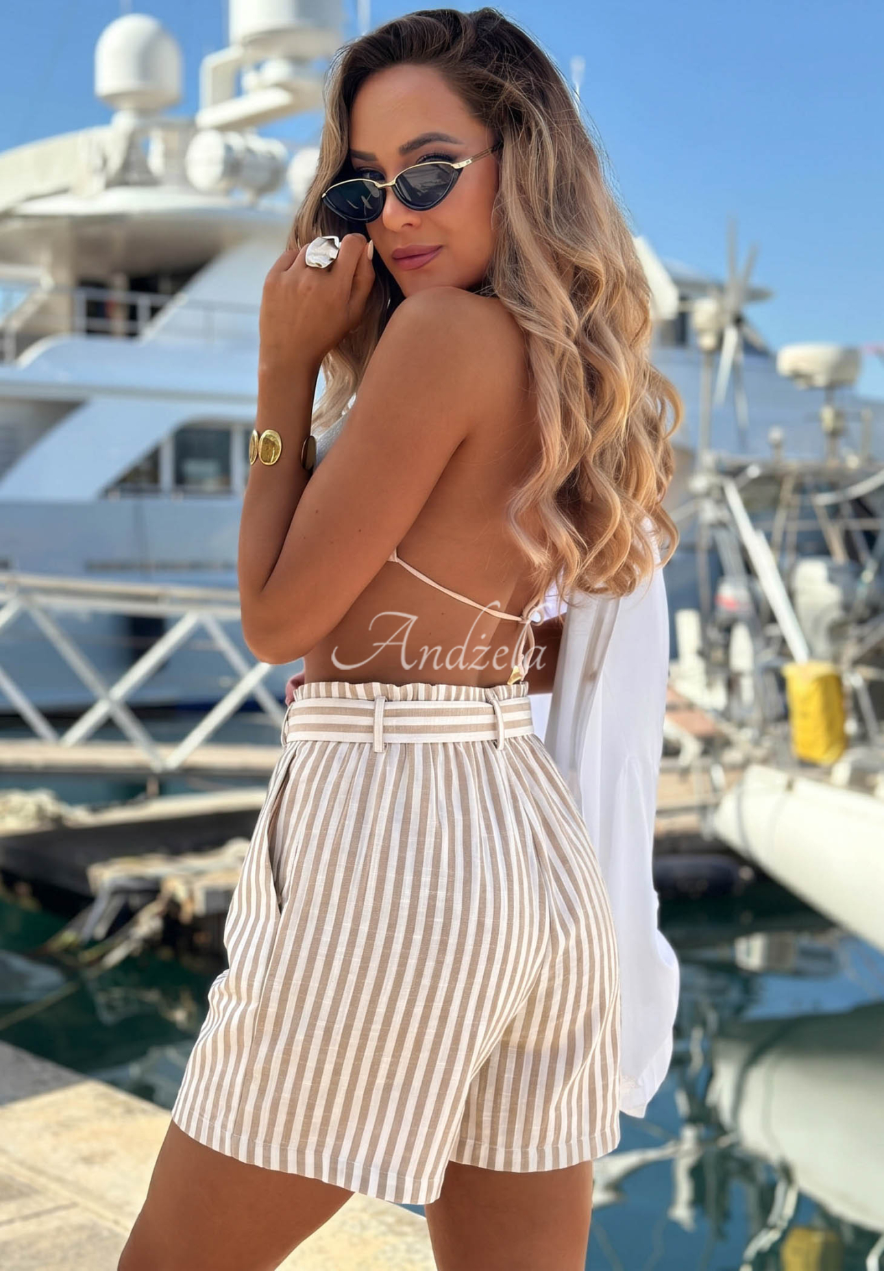 El Marino white and beige striped viscose shorts