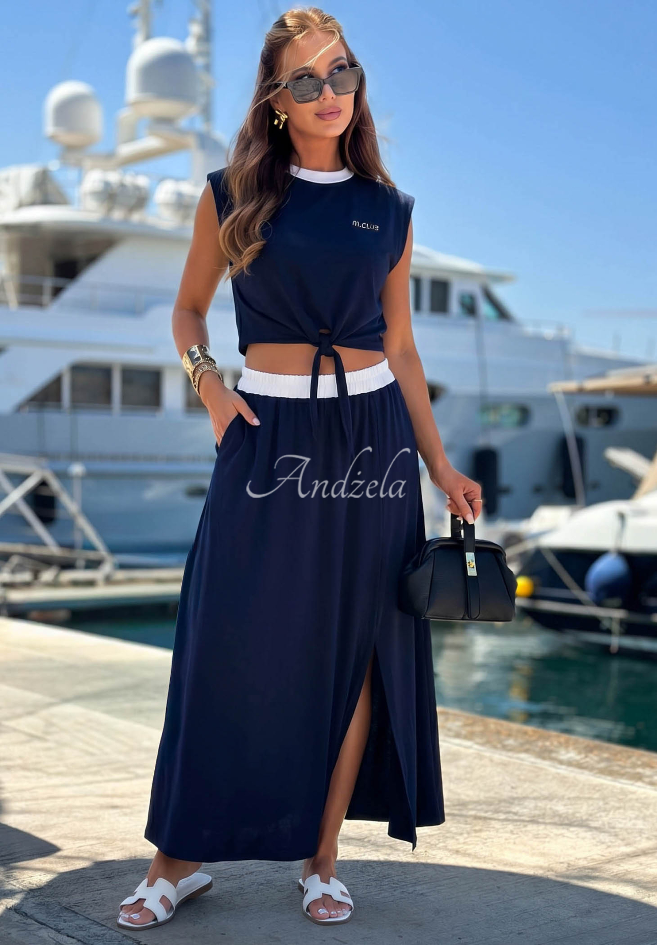 Marina Club Navy Blue Cotton Maxi Skirt