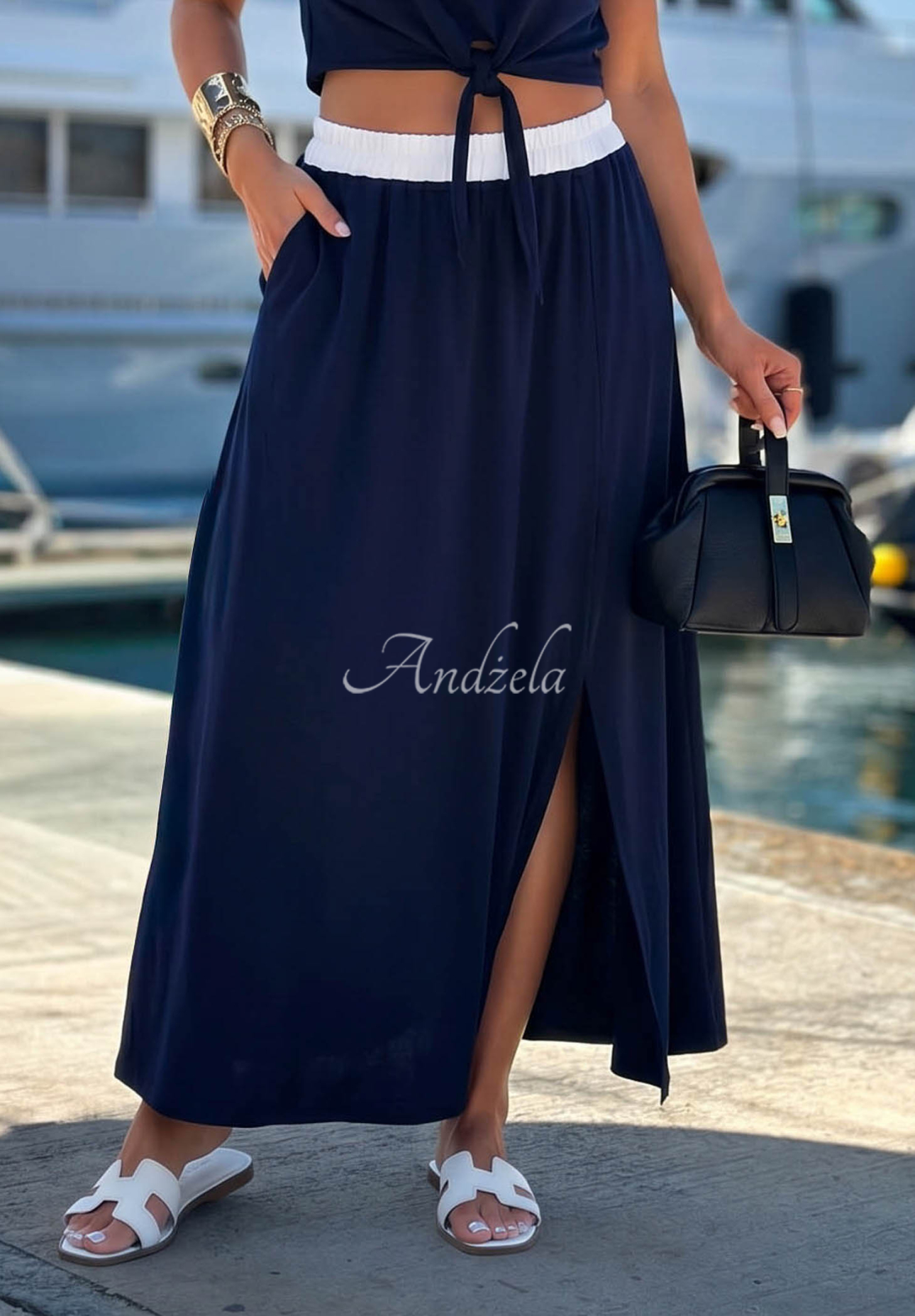 Marina Club Navy Blue Cotton Maxi Skirt