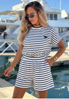 Bawełniany komplet bluzka i szorty w paski Sunny Stripes Set biało-granatowy