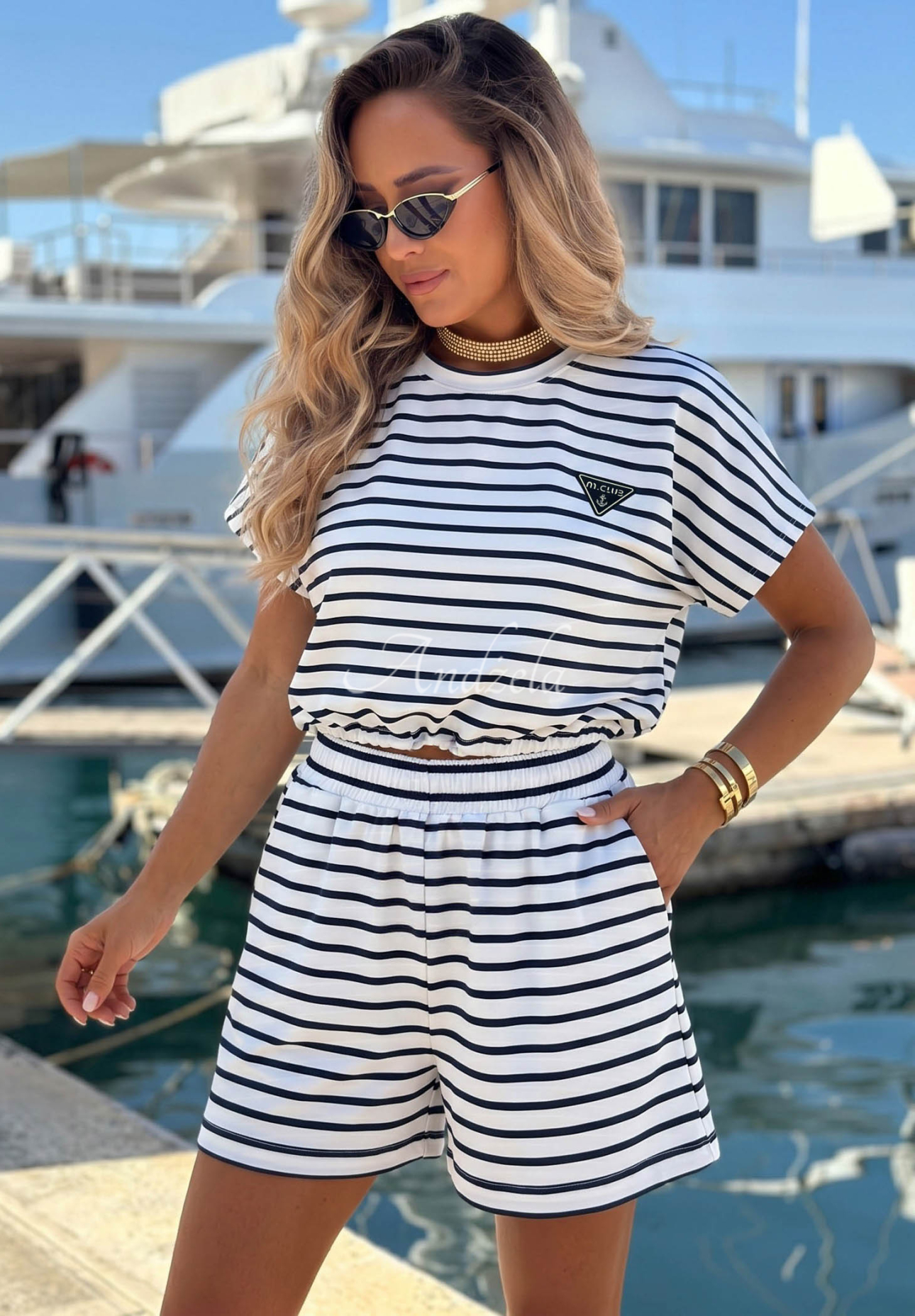M.Club White and Navy Blue Striped Cotton T-Shirt and Shorts Set