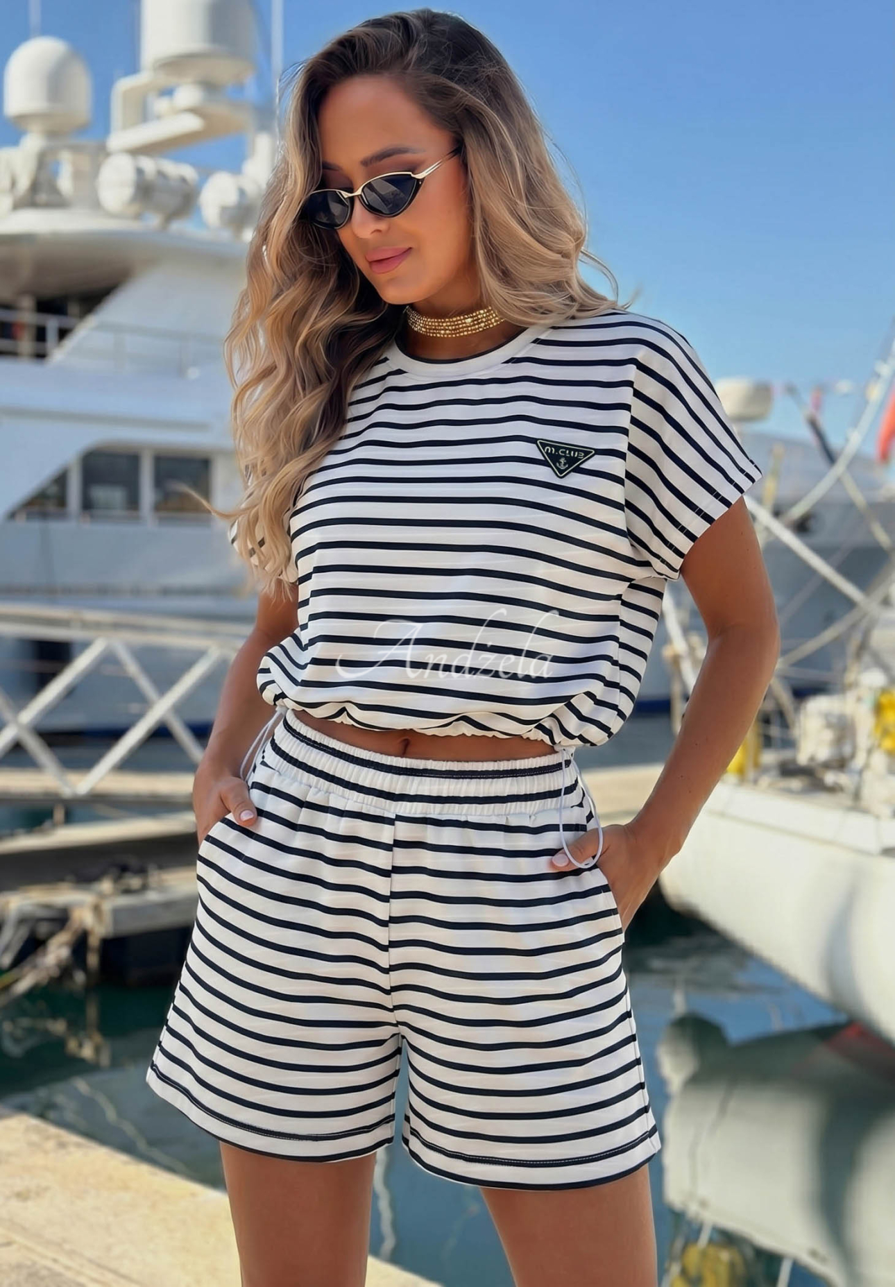 M.Club White and Navy Blue Striped Cotton T-Shirt and Shorts Set