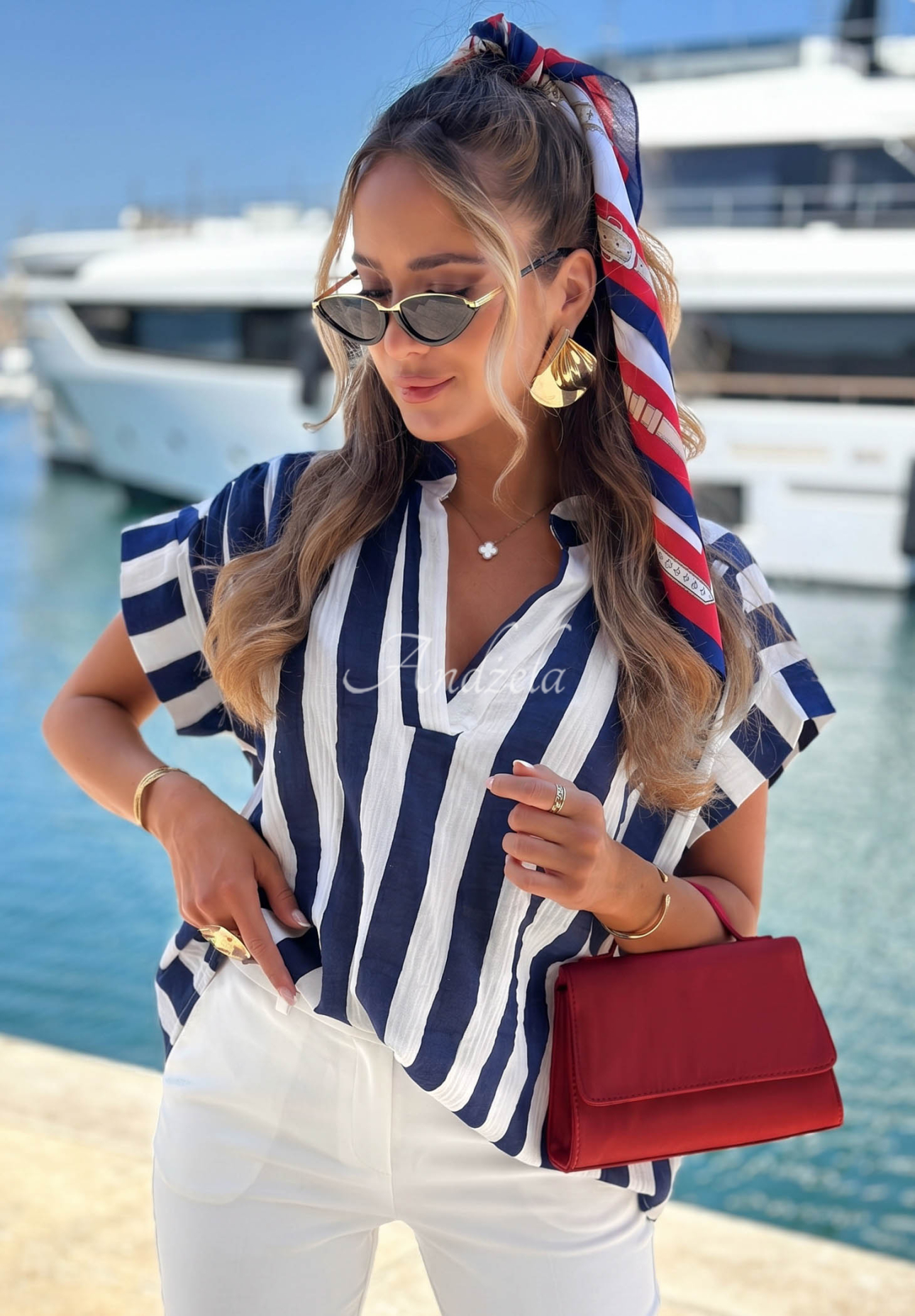 Coast Line White and Navy Blue Striped Cotton Blouse