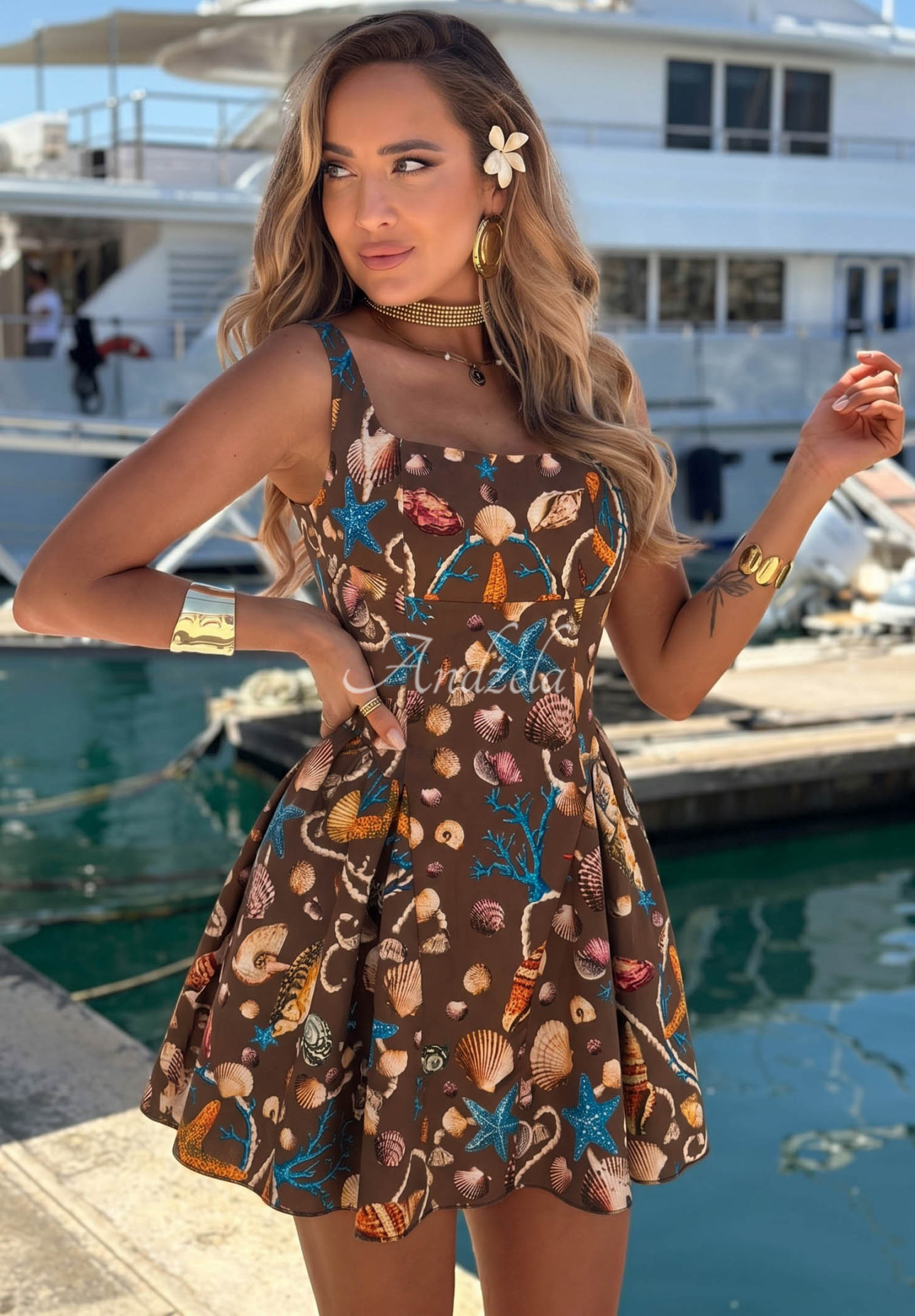 Shellsea Chocolate-Colored Patterned Spaghetti-Strap Mini Dress