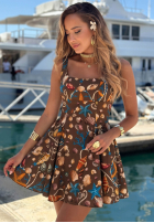 Shellsea Chocolate-Colored Patterned Spaghetti-Strap Mini Dress