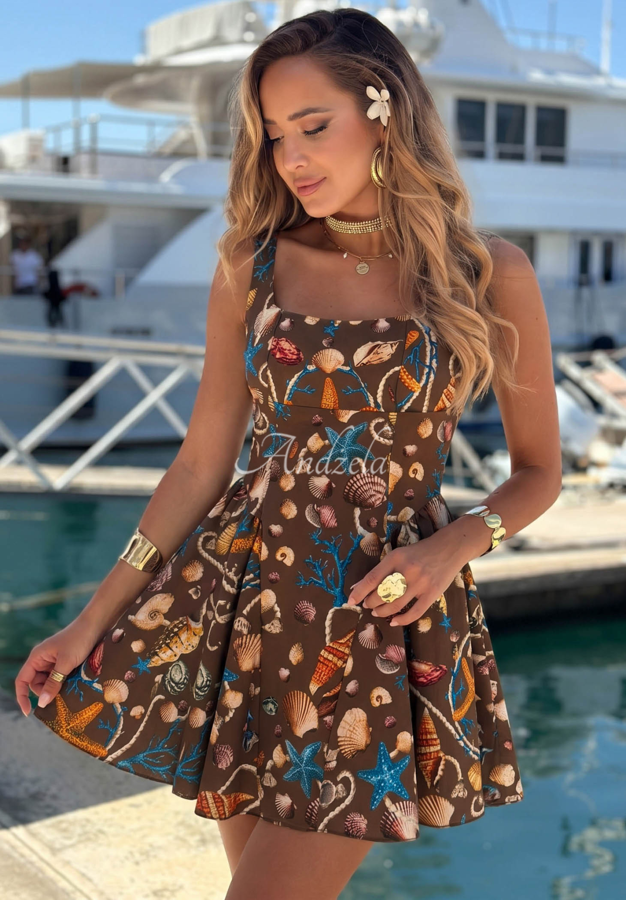 Shellsea Chocolate-Colored Patterned Spaghetti-Strap Mini Dress