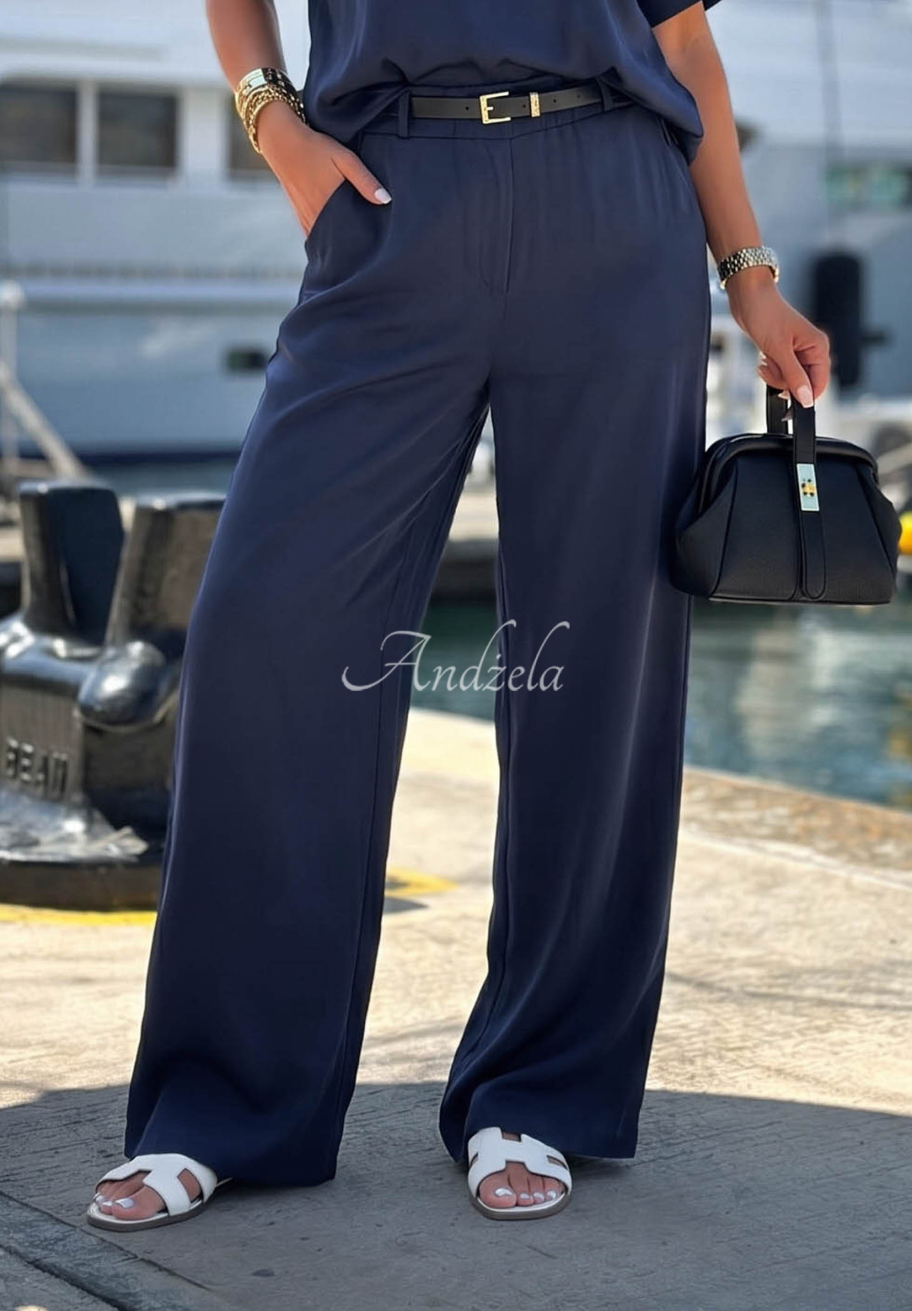 Calm Water Navy Blue Wide-Leg Viscose Pants with Belt