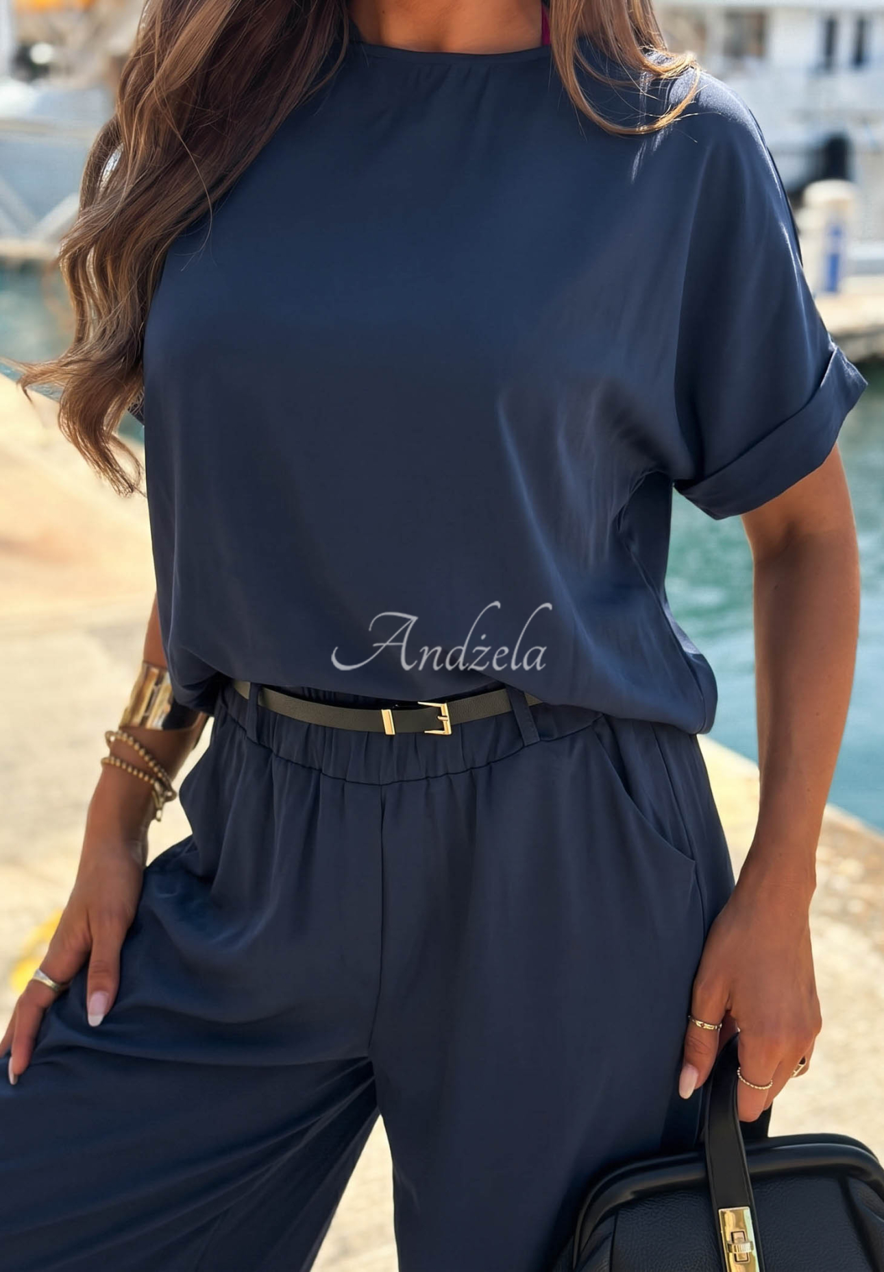 Calm Water Navy Blue Wide-Leg Viscose Pants with Belt