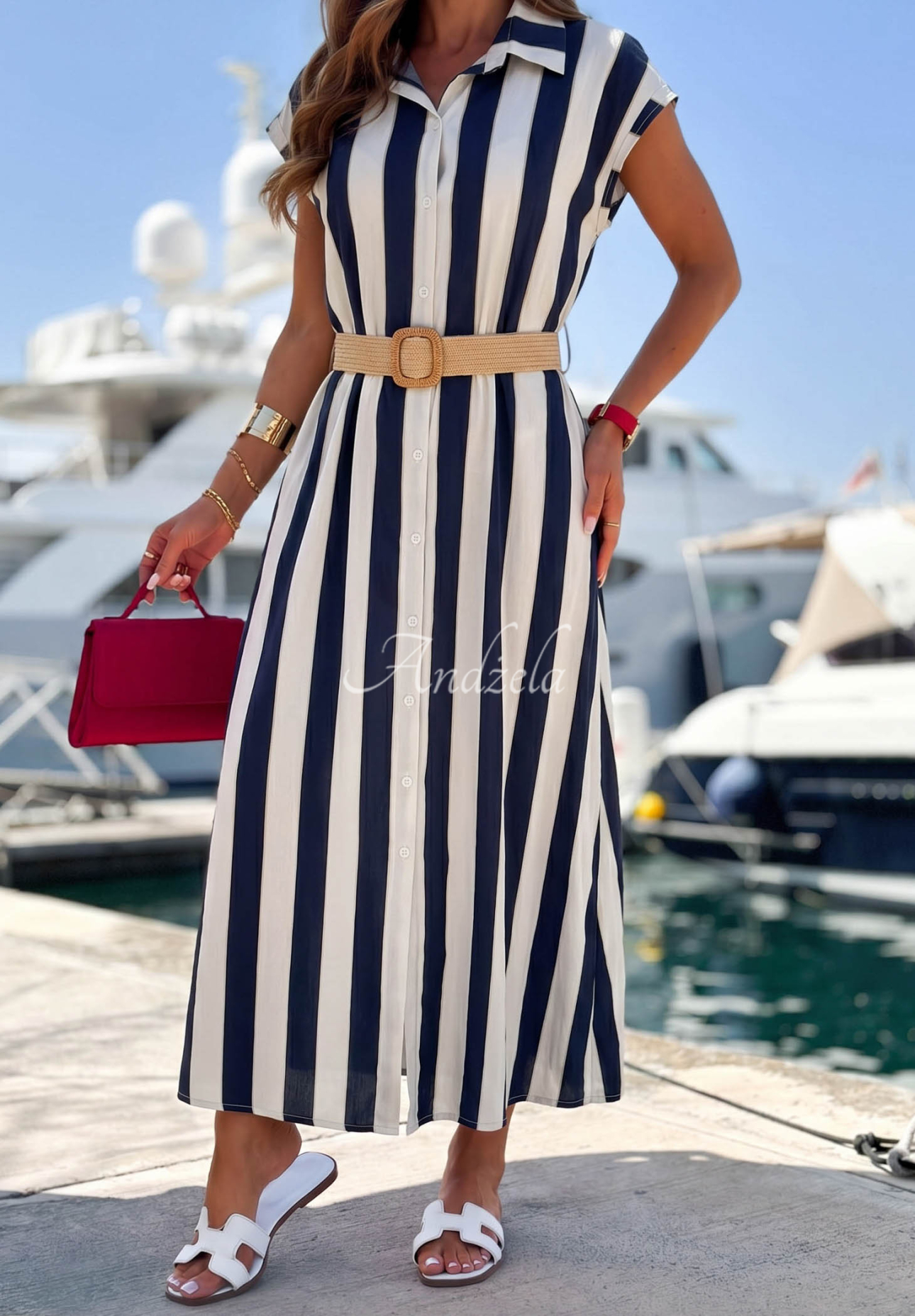Beach Picnic White and Navy Blue Striped Cotton Shirt Dress