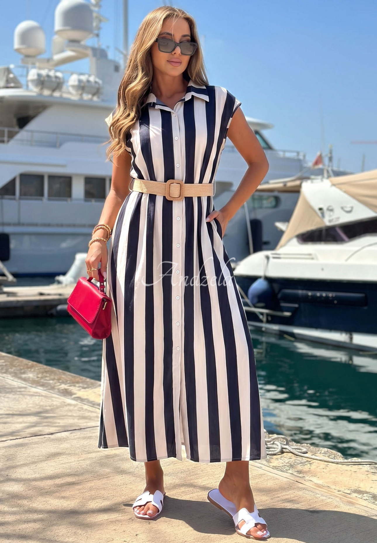 Beach Picnic White and Navy Blue Striped Cotton Shirt Dress