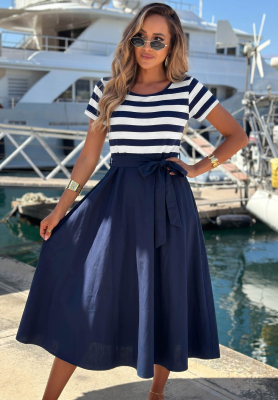 Marine Coast white and navy blue striped viscose midi dress
