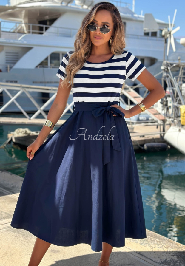 Marine Coast white and navy blue striped viscose midi dress