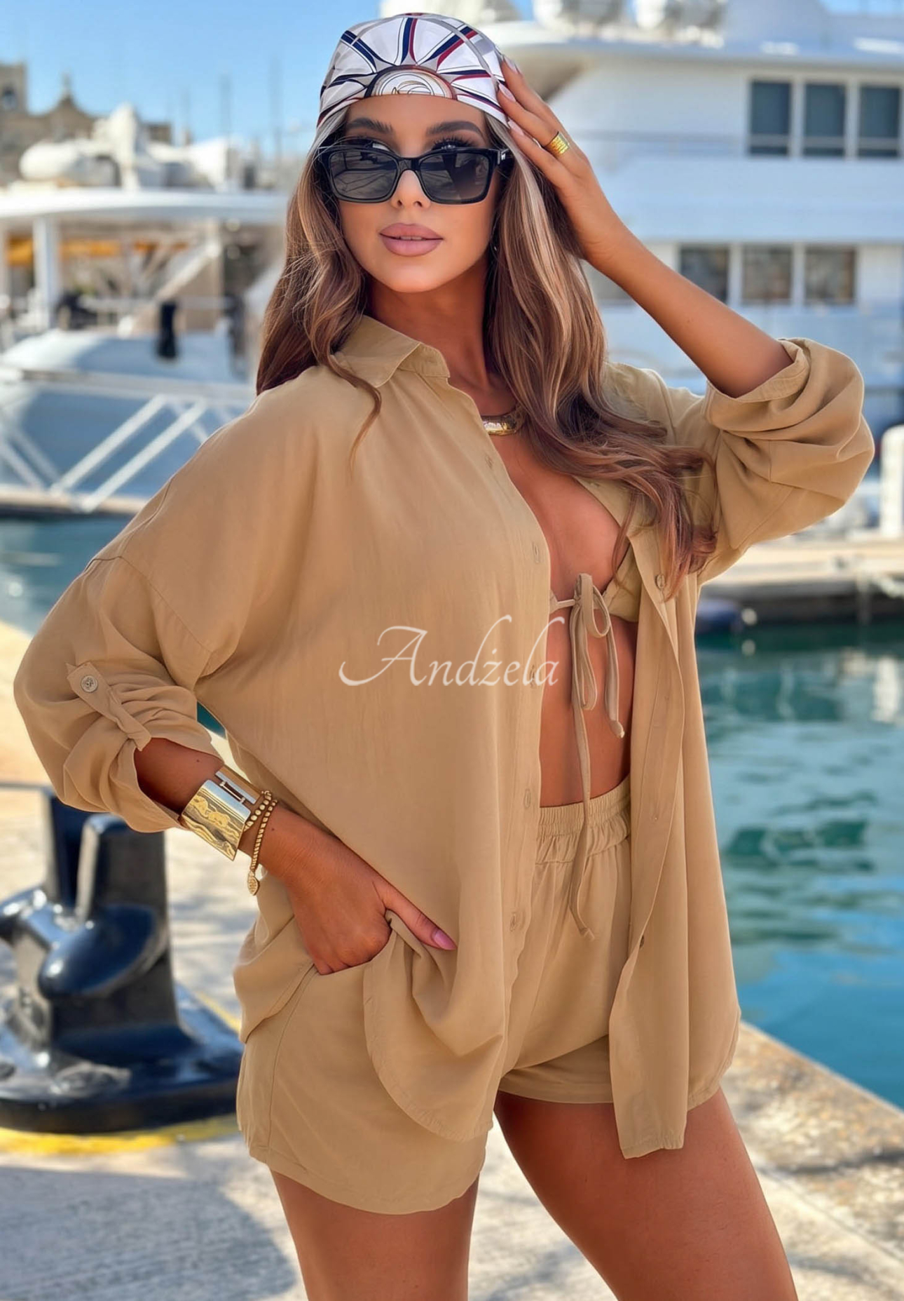 Summer Essence camel-colored viscose shirt and shorts set