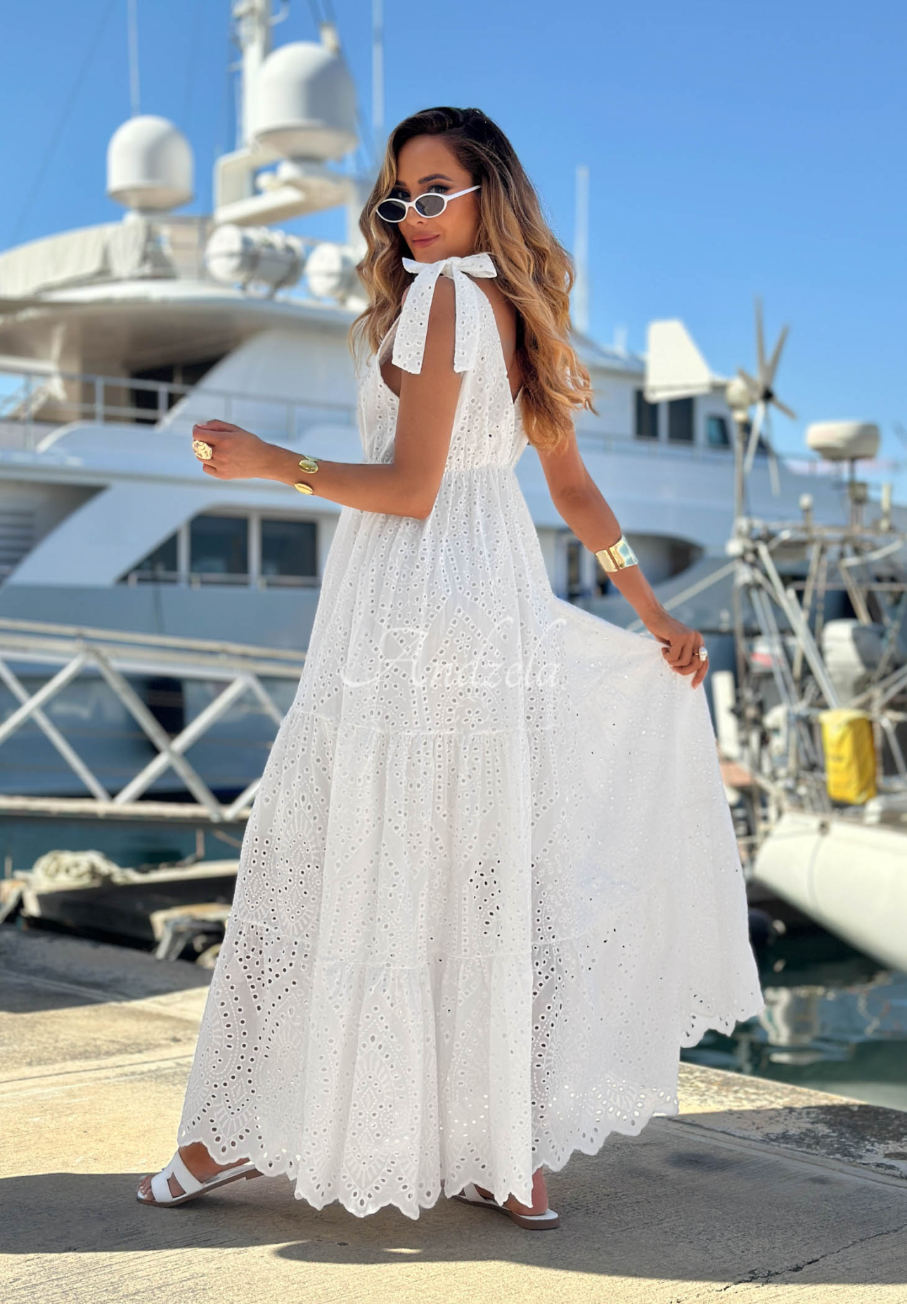 Sun Essence White Boho Cotton Openwork Maxi Dress with Straps