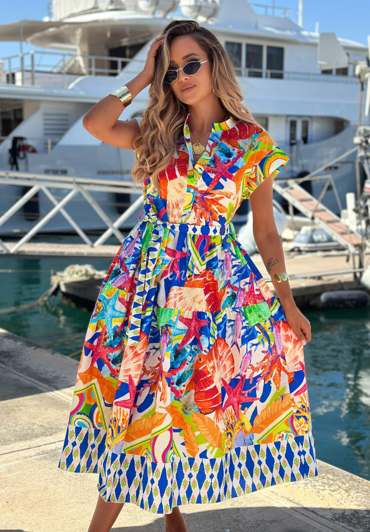 Undersea Life navy blue and orange patterned cotton midi dress with a belt