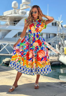 Undersea Life navy blue and orange patterned cotton midi dress with a belt