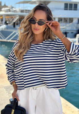 Sail Winds Short-Sleeve Striped Viscose Sweatshirt in White and Navy Blue
