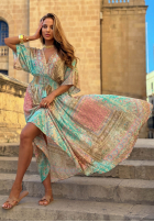Wzorzysta sukienka maxi z szerokimi rękawami Summer Doll pistacjowa