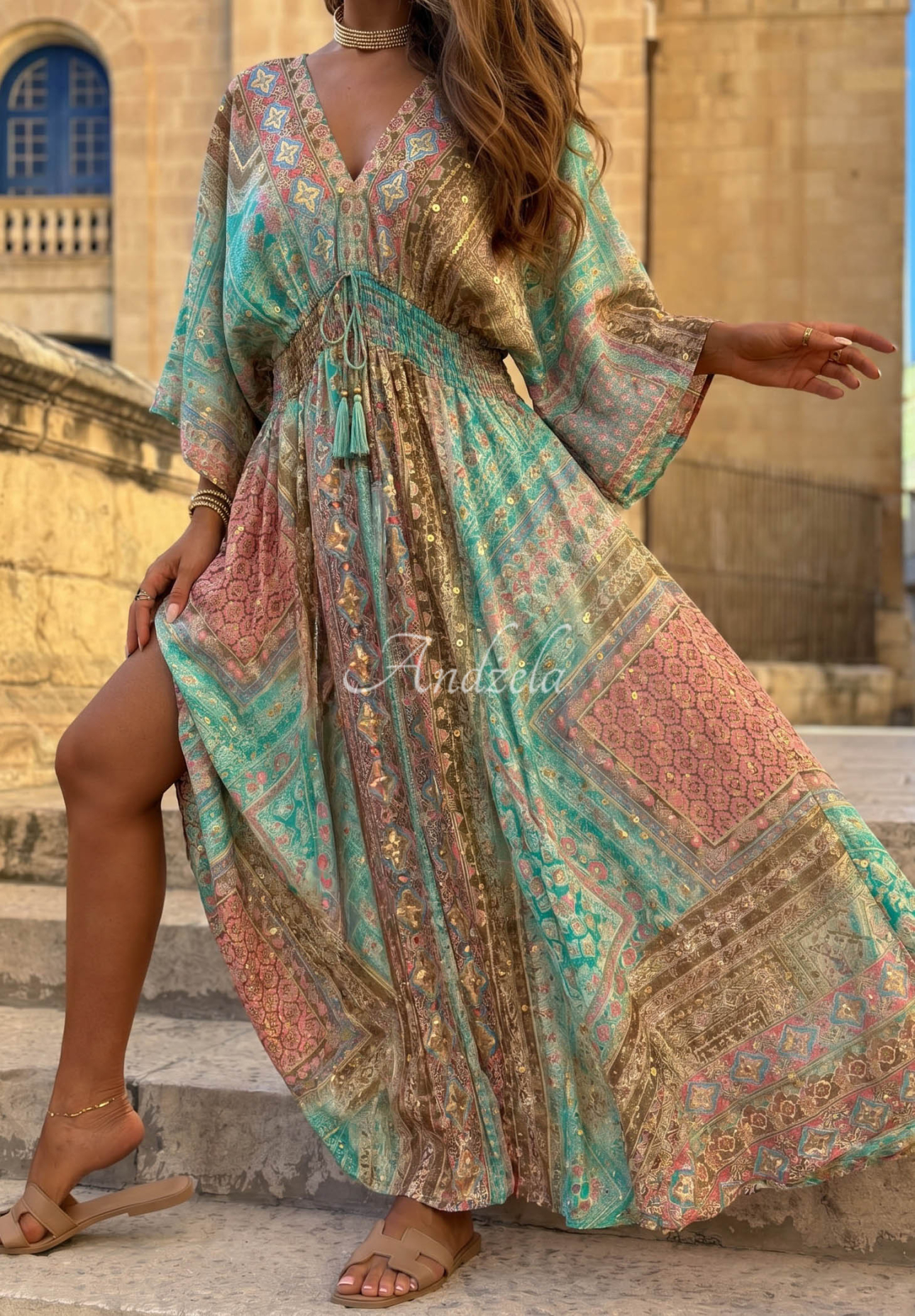 Sun Rituals Green Patterned Maxi Dress with Wide Sleeves