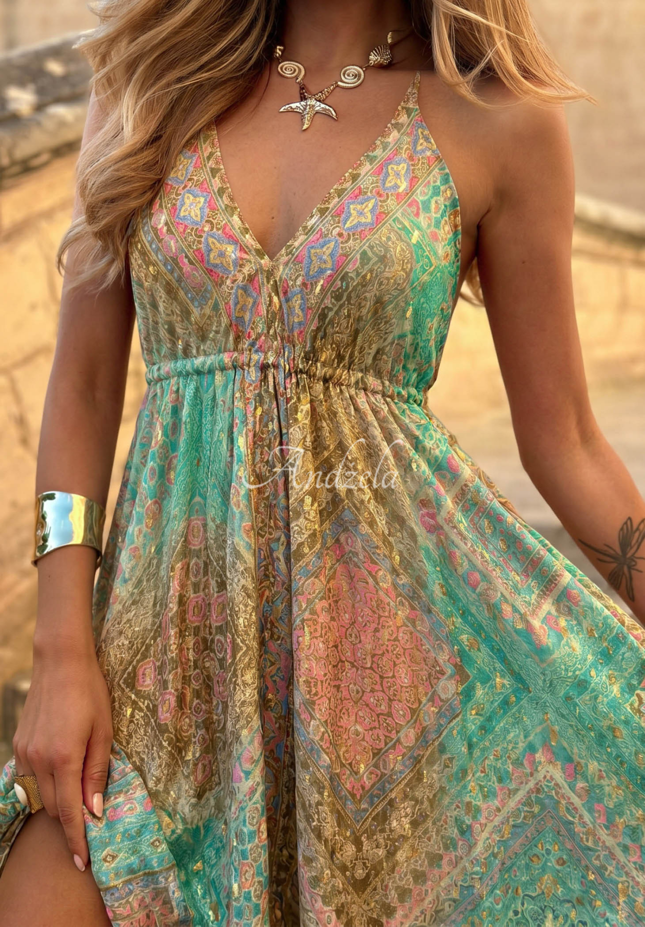 Sun Rituals Green Patterned Maxi Dress with Straps