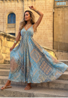 Sun Rituals Blue Patterned Maxi Dress with Spaghetti Straps