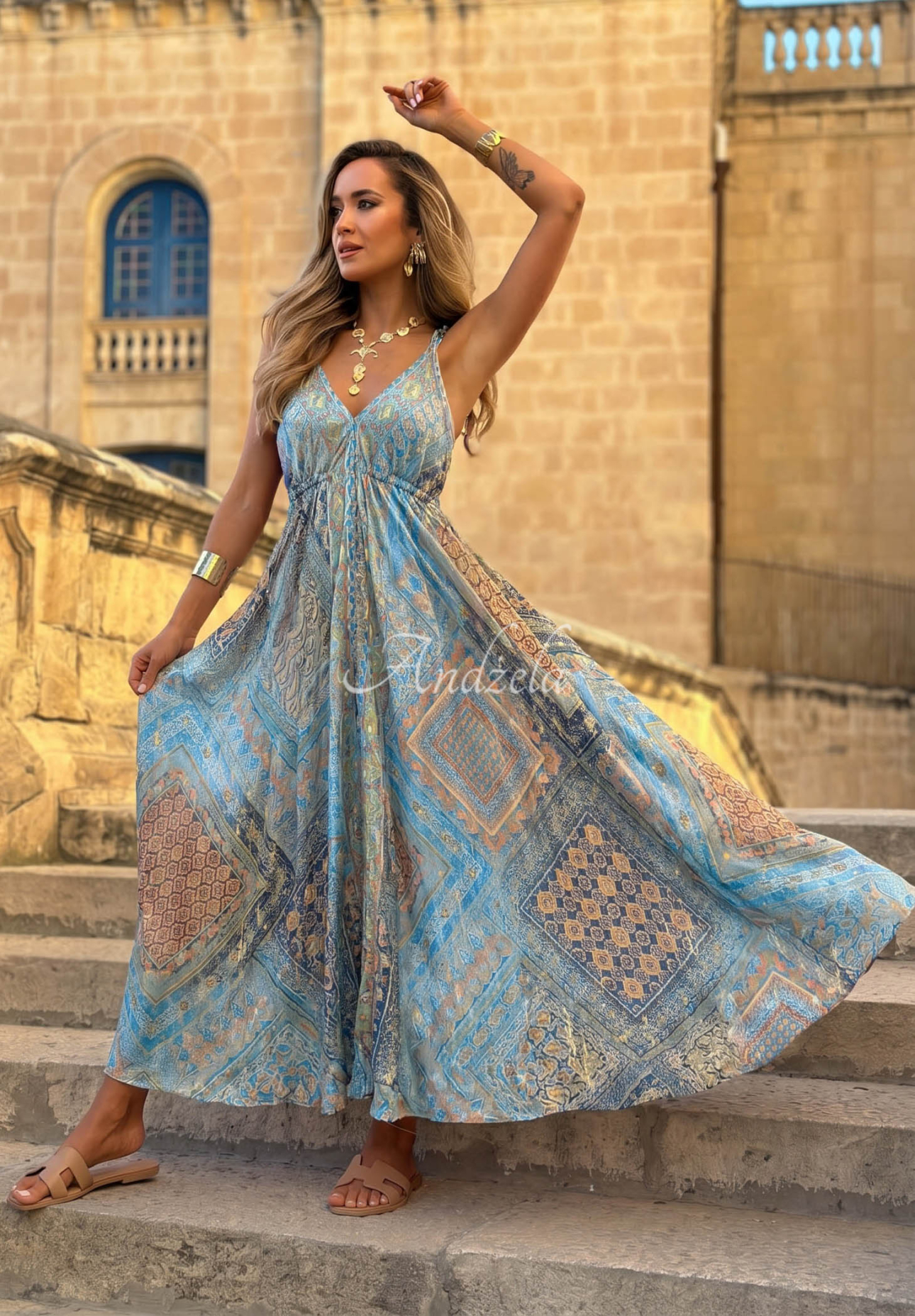 Sun Rituals Blue Patterned Maxi Dress with Spaghetti Straps
