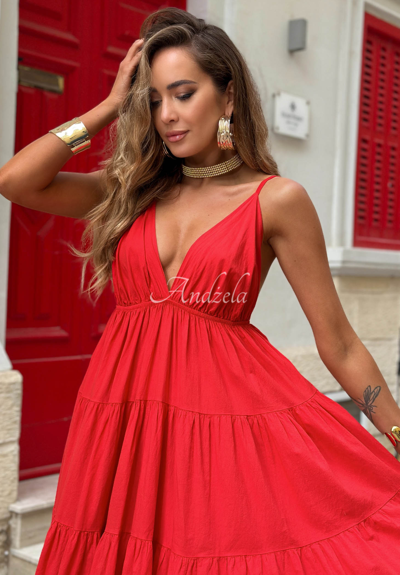 Red flared cotton Flamenco dress with spaghetti straps