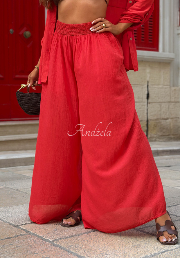 Malta Romance Flame Red Wide-Leg Cotton Pants