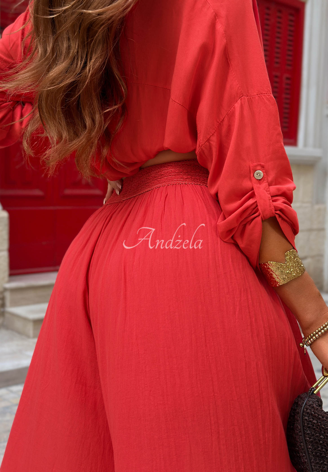 Bawełniane spodnie wide leg Malta Romance Flame czerwone