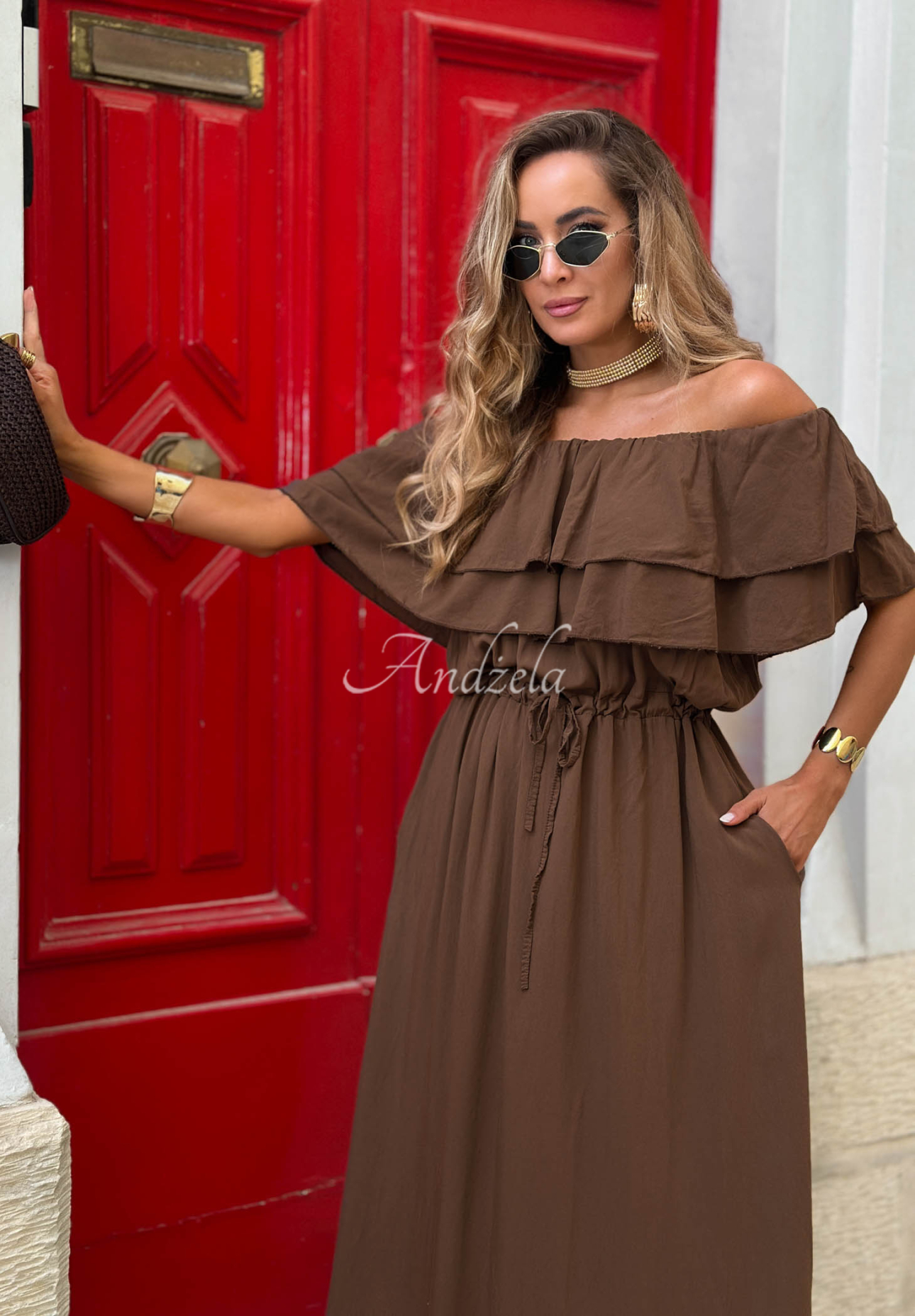 Sunset Diva Chocolate-Colored Viscose Off-the-Shoulder Maxi Dress with Ruffles