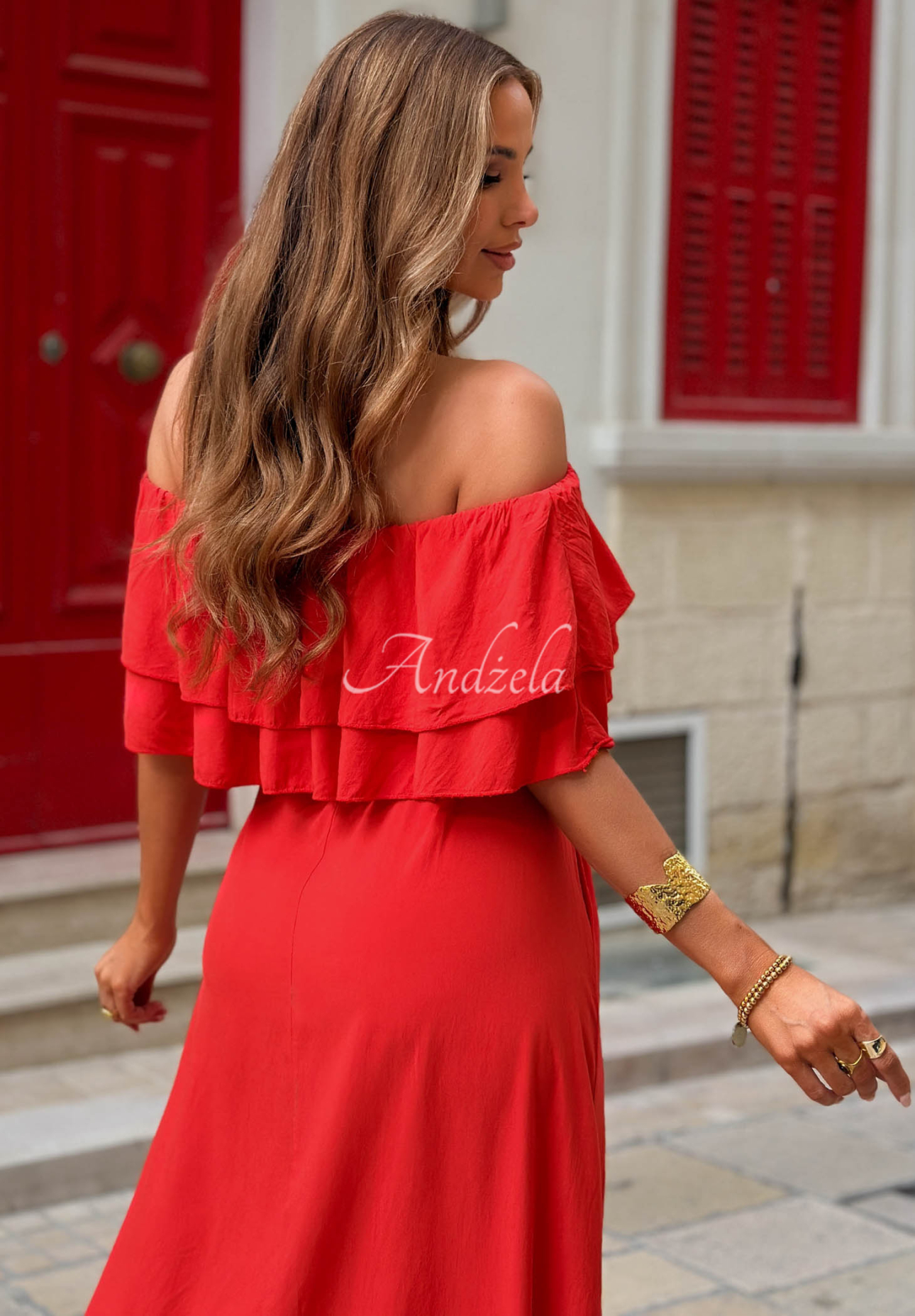 Sunset Diva Red Viscose Off-the-Shoulder Maxi Dress with Ruffles