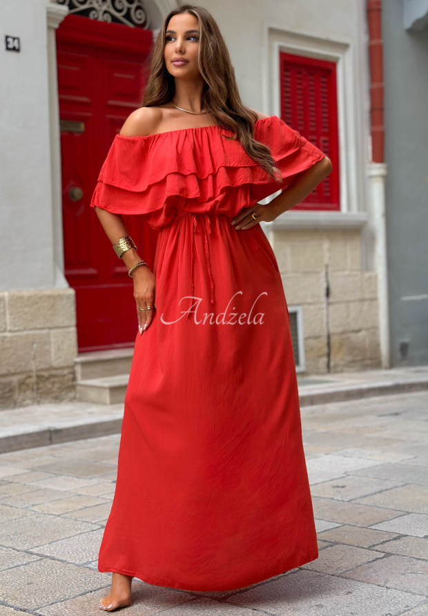 Sunset Diva Red Viscose Off-the-Shoulder Maxi Dress with Ruffles