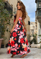 Plisowana sukienka maxi bez ramiączek w kwiaty Sunny Hibiscus czarna