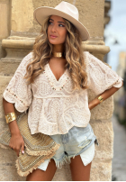 Bright Spring Beige Embroidered Cotton Blouse with Beads