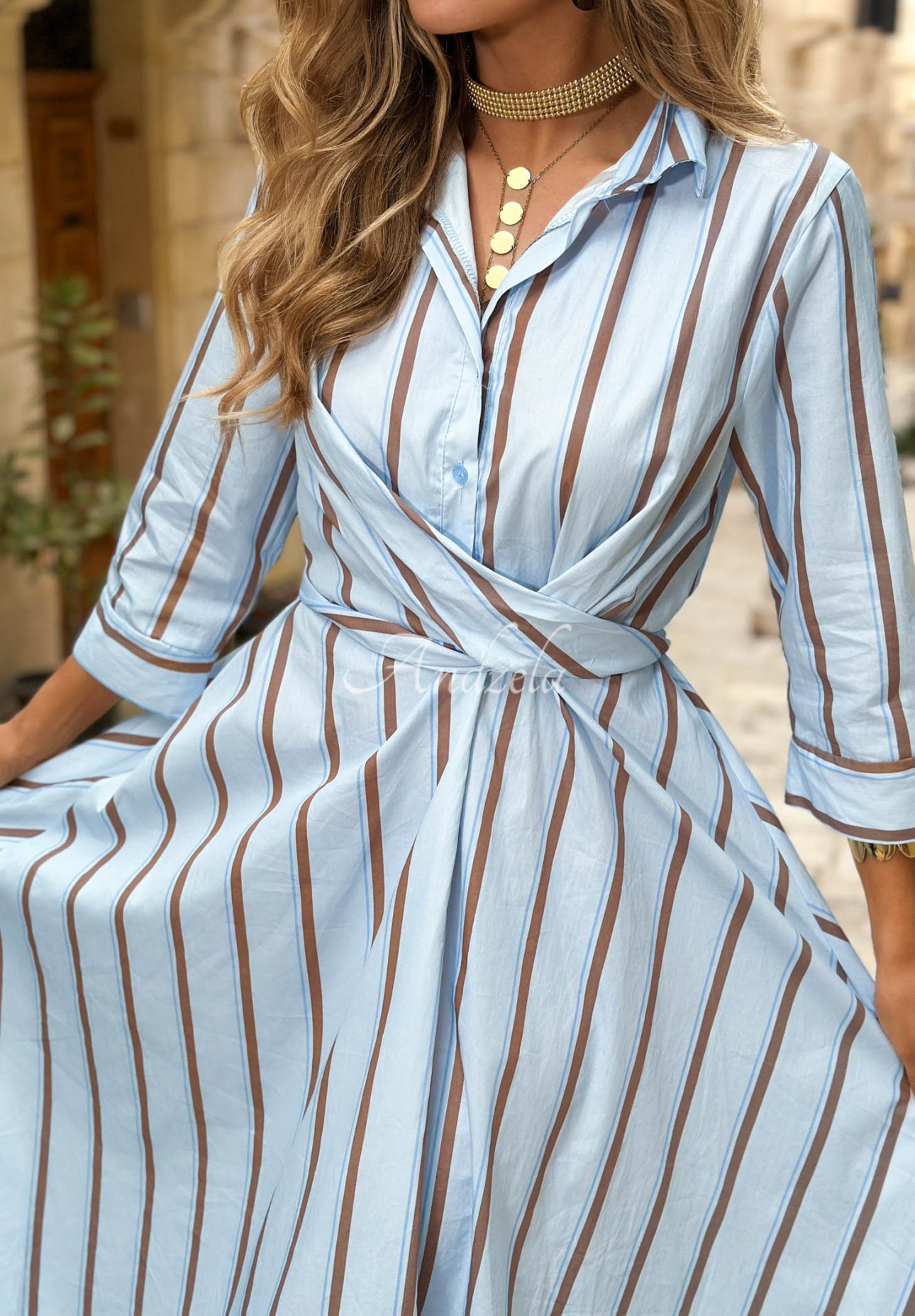 Yacht Lunch Light Blue Striped Cotton Shirt-Style Midi Dress