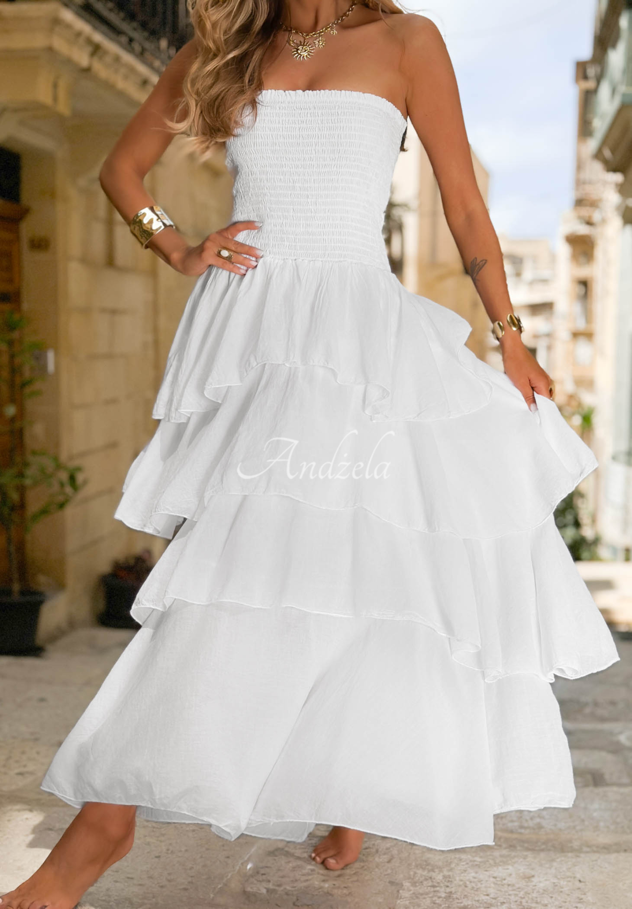 Sparkling Ocean White Strapless Cotton Maxi Dress with Ruffles